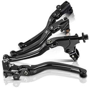 Several black, adjustable motorcycle clutch levers with folding function made of aluminum.